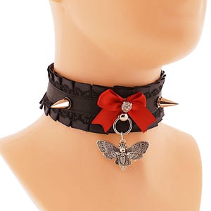 Gothic Black Lace Collar Choker Spises, Ring Pendant Moth Womens Goth Bow Collars, Satin Lace Necklace Dark Victorian Gothic Costume