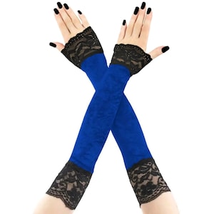 Extra long sleeves fingerless gloves blue black velvet womens arm warmers evening opera over elbow formal glove stretch arm cover gothic