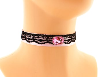 Choker elegant, glamour necklace, black lace pink satin ribbon, women romantic choker, pastel gothic, handmade gift, made to size