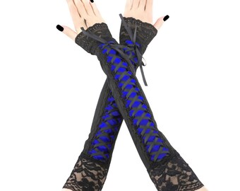 Gothic Lace-up Arm Warmers, Corset Gloves, Steampunk Costume Accessory, Black Lace Trim