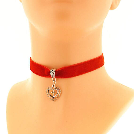 Collier Ras Du Cou Vintage JACKY De G - Velours Rouge & Croix, Laiton Doré, Gothique