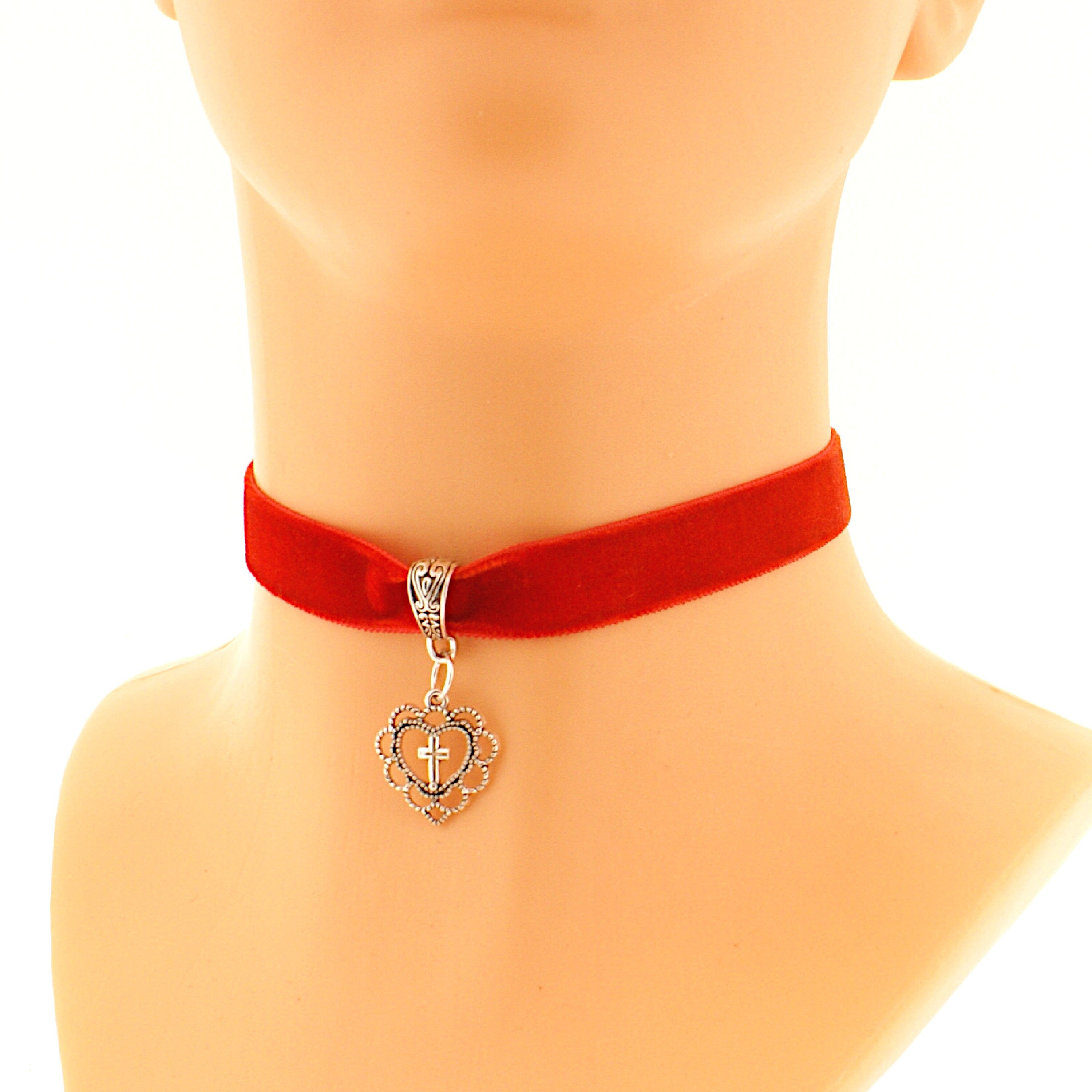 thumbnail image 2 of Black Velvet Choker With Red Heart Pendant – Gothic Punk Resin Necklace – 14in 2 of 5