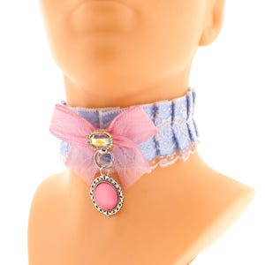 Pink & Blue Satin Lace Choker Collar, Gem O-Ring Pendant, Handmade XS - 3XL