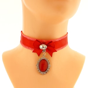 Red Satin Lace Choker: Gothic Romantic Bow Necklace Romantic Pendant Handmade Size XS - 5XL