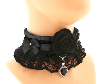 Gothic Black Lace Choker, Rose Heart Pendant, Victorian Stiffened Collar, D-Ring Neckwear
