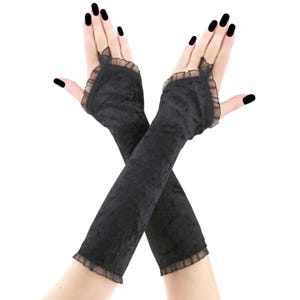 Elegant Black Velvet Fingerless Gloves Opera Evening Long sleeves Handmade Sizes XS - 3XL