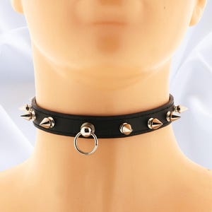 Black Spiked Vegan Leather Choker: Gothic Punk O-Ring Collar Handmade Size XS - 5XL
