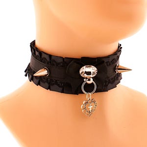 Gothic Black Lace Choker Collar: Spiked O-Ring Heart Cross Pendant Handmade Size XS - 5XL
