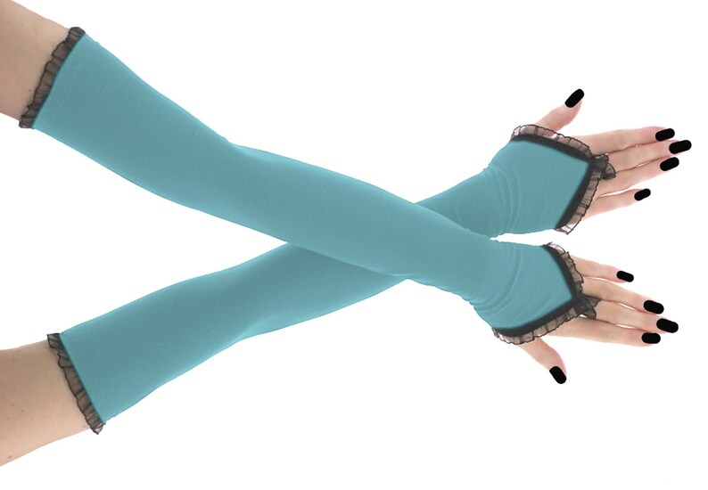 Guantes largos de noche azul marino, mangas ópera sin dedos de encaje negro con lazo para el dedo, calentadores de brazos para vestidos de fiesta formales de graduación y gala. Azure blue