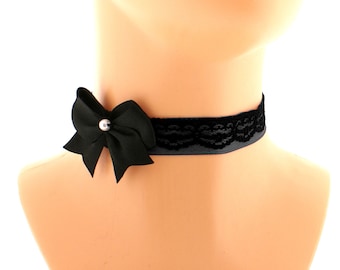 Choker elegant glamour necklace black lace satin ribbon bow whit pearl, women romantic choker gothic costume, handmade gift, made to size