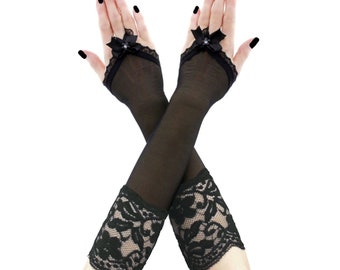 Damen Tüll Handschuhe, schwarze gothic fingerlose Handschuhe, elastische Abendhandschuhe, Stulpen Goth Damen Kostüm, Ellbogen lange Handschuhe, auf Bestellung