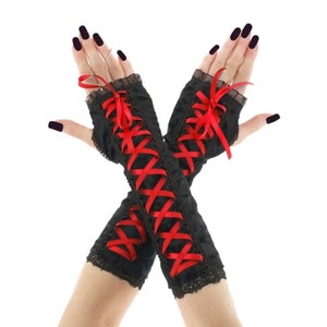 Womens gothic gloves black red fingerless mittens lacing corset, elbow length long warmers goth gloves cosplay goth vampire costume