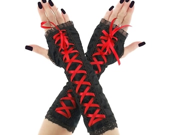 Schwarz Rot Schnüren Gothic Fingerlose Handschuhe, Korsett Armstulpen, Punk Goth Ärmel