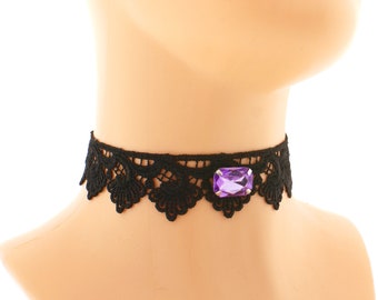 Elegant black lace choker, glamour necklace, lace choker sewn gem purple, women romantic choker, costume gothic, handmade gift, made to size