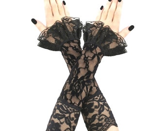 Black Lace Frill Fingerless Gloves, Elbow Length Gothic Arm Warmers, Ruffle Victorian Costume Sleeves