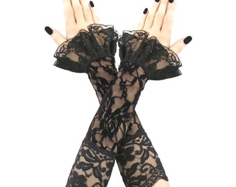 Elegante schwarze Spitzen Handschuhe, Gothic Vampir Handschuhe, schwarze elastische Spitzen Handschuhe, Burlesque handgefertigtes Geschenk