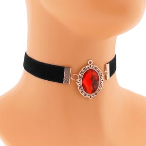 Black Velvet Choker: Victorian Gothic Red Pendant Romantic Necklace Handmade Size XS - 5XL