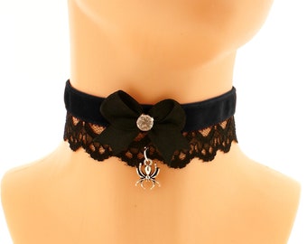 Romantic velvet lace choker black collar necklace with satin bow spider gothic evening jewelry bow with jewel victorian vampire goth costume