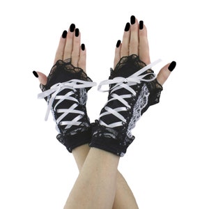 Black white womens gloves goth fingerless gloves, wrist warmers gothic formal women girls goth costume lacing corset gloves short costume