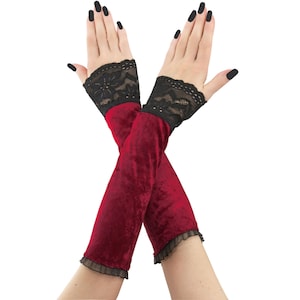 Velvet Fingerless Gloves: Red & Black Lace, Victorian Burlesque Costume Handmade Size XS - 3XL