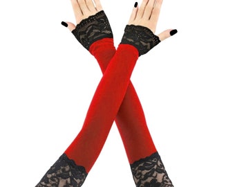 Extra long fingerless gloves, womens arm warmers, evening gloves opera, over elbow formal gloves red black stretch arm cover gothic costume