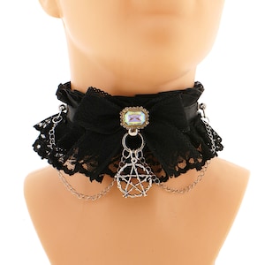 Gothic Black Collar Choker Chain Ring Pendant Pentagram Witch Lady Lolita Goth Lace Frill Necklace Victorian Gothic Bow With Drahome Costume