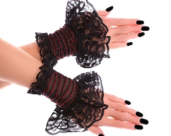 Black Lace Ruffled Cuffs Red Lurex Detail Gothic Victorian Armlets