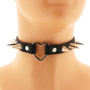 Spiked Vegan Leather Heart Choker Gothic Punk Black Collar Handmade Size XS - 3XL