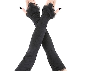 Black Velvet Fingerless Opera Gloves Evening Pointed Lace Trim Arm Warmers Gothic