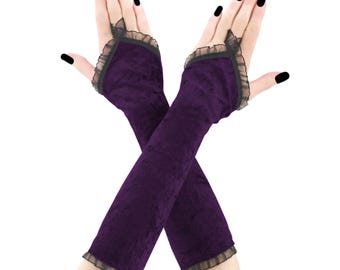 Purple Velvet Fingerless Gloves Victorian Gothic Lace Arm Warmers
