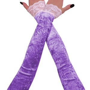 Purple Velvet Fingerless Opera Gloves: Elastic White Lace Glamour Costume Handmade Size XS - 3XL