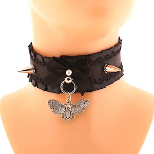 Gothic Black Lace Collar Choker Spises, Ring Pendant Moth Womens Goth Bow Collars, Satin Lace Necklace Dark Victorian Gothic Costume
