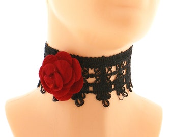 Collier élégant noir avec un tour de cou rose rouge, collier glamour collier gothique vampire, noeud en dentelle pour femmes tour de cou romantique gothique sur mesure
