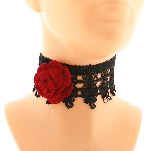 Black elegant collar with a red rose choker, glamour necklace gothic vampire collar, lace bow women romantic choker gothic made to size