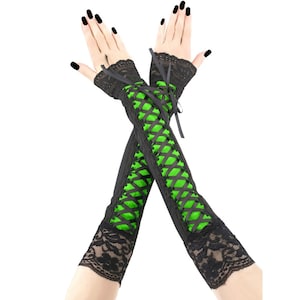 Gothic Lace-Up Fingerless Gloves: Black & Neon Green Velvet Arm Warmers Handmade Size XS - 3XL