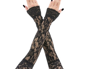 Elegant Black Lace Fingerless Gloves, 20 inch Extra Long Opera Sleeves, Victorian Evening Handwear, Gothic Prom Accessories, Sizes + colors