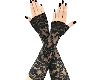 Black Lace Elbow Length Gloves Frill Trim Evening Arm Warmers Gothic Wedding Accessories