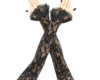 Guanti senza dita in pizzo nero, maniche a volant in stile gotico vittoriano (50 cm)