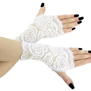 White Lace Fingerless Gloves Elegant Bridal Wedding Wrist Warmers Handmade Size XS - 3XL