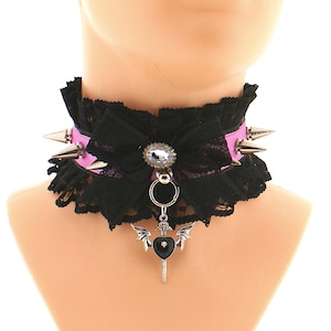 Pink Black Gothic Choker Collar, Skull Heart Pendant, Lace & Spikes, XS - 5XL