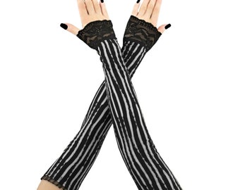 Elegant black white striped gloves, vampire glamour with a lace frill gloves, womens romantic victorian elastic wist lace gloves burlesque