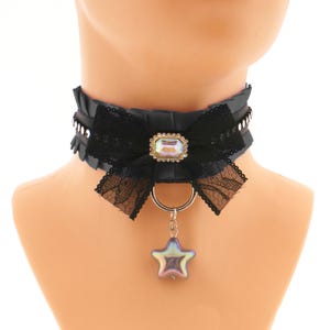 Black collar choker satin lace bow with gem o ring with star pendant luxury jewel with glass stones romantic costume, handmade
