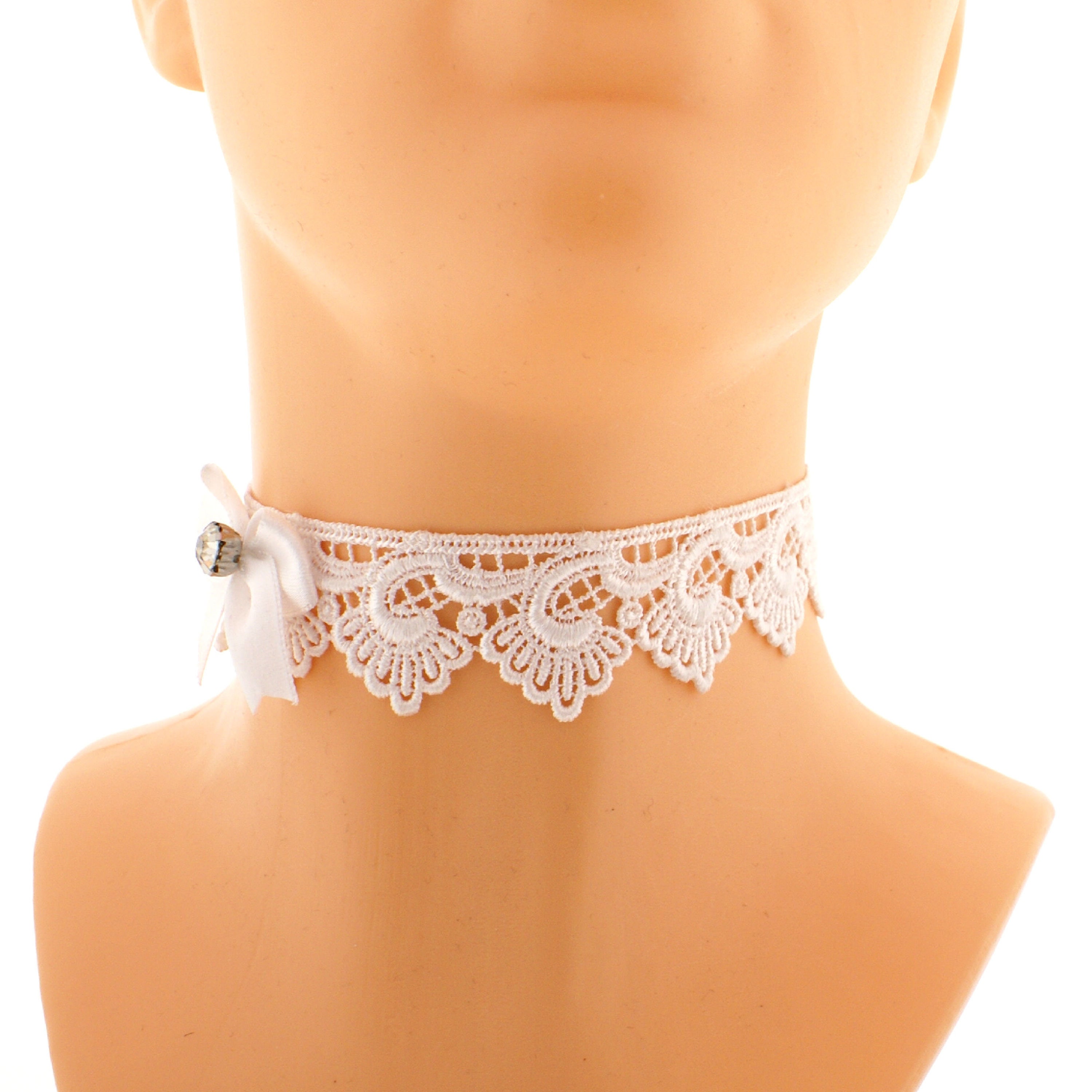 Elegant White Lace Choker Necklace Satin Bow, Bridal Wedding  display picture 3