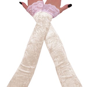 Elegant ivory velvet gloves, extra long fingerless gloves, pastel lady glamour velvet gloves womens elastic wist lace burlesque