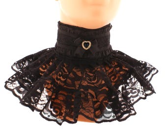 Black Ruffled Lace Choker Gothic Victorian Heart Bow Collar Handmade Shabby Chic Neckband