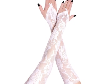 White Floral Lace Bridal Gloves, Extra Long Pointed Wedding Sleeves with Finger Loop, Elegant Opera Length Arm Warmers, 20" Flower Lace