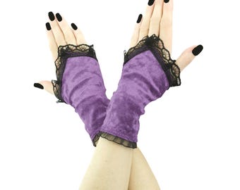 Purple Velvet Lace Fingerless Gloves Pastel Goth Wrist Warmers