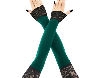 Guanti senza dita extra lunghi in pizzo nero verde, scaldabraccia da donna, guanti da sera da opera, guanti formali sopra il gomito costume copri braccio elasticizzato