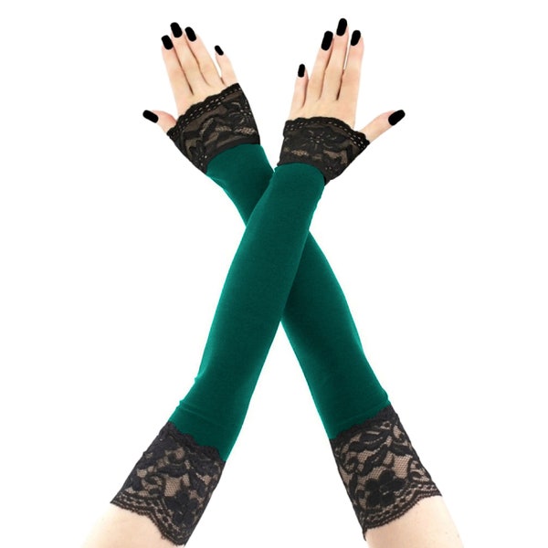 Extra long green black lace fingerless gloves, womens arm warmers, evening gloves opera, over elbow formal gloves stretch arm cover costume