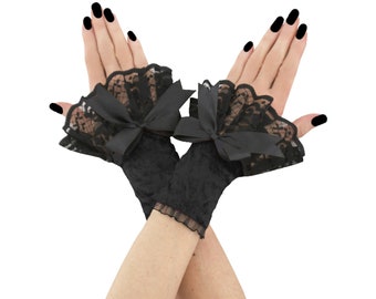 Womens romantic velvet gloves, fingerless black with lace with bow warmers with ruffled gloves, elbow length goth costume gothic carneval